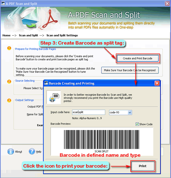 a-pdf scan and split create barcode